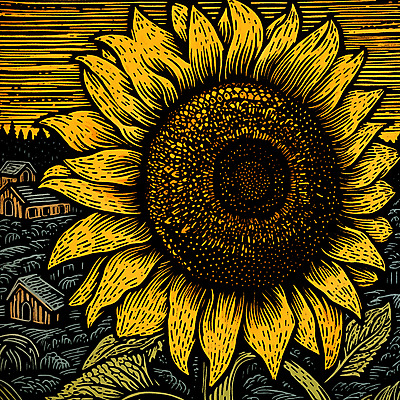 JPG 꽃 일러스트 해바라기 사람없음 노란색 빈티지 그림 판화 국내일러스트 AI일러스트 AI콘텐츠 식물 컬러 컨셉 미술 파일형식