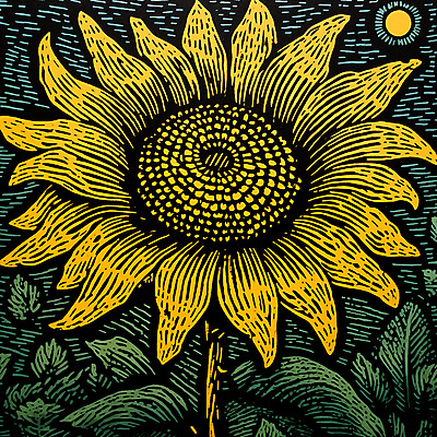 JPG 꽃 일러스트 해바라기 사람없음 노란색 빈티지 그림 판화 국내일러스트 AI일러스트 AI콘텐츠 식물 컬러 컨셉 미술 파일형식