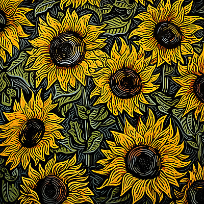 JPG 꽃 일러스트 해바라기 사람없음 노란색 빈티지 그림 판화 국내일러스트 AI일러스트 AI콘텐츠 식물 컬러 컨셉 미술 파일형식