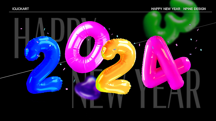 PSD 편집이미지 배너 새해 타이포그라피 사람없음 컬러풀 숫자 유행 3D 입체 해피뉴이어 풍선 입체문자 2024년 키치 갑진년 이미지편집 편집3D 문자 컬러 컨셉 새해인사 연도 디지털합성 파일형식