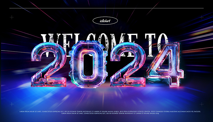 PSD 편집이미지 배너 미래 새해 타이포그라피 사람없음 숫자 유행 3D 보라색 입체 네온 해피뉴이어 입체문자 2024년 키치 갑진년 이미지편집 편집3D 문자 컬러 컨셉 새해인사 연도 디지털합성 파일형식