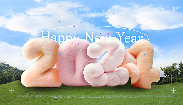 PSD 편집이미지 배너 하늘 새해 털 초원 타이포그라피 사람없음 컬러풀 숫자 유행 3D 입체 꽃가루 해피뉴이어 입체문자 2024년 키치 갑진년 이미지편집 편집3D 문자 컬러 컨셉 새해인사 가루 연도 디지털합성 파일형식