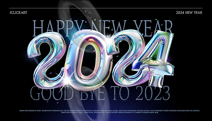 PSD 편집이미지 배너 새해 타이포그라피 사람없음 컬러풀 숫자 유행 3D 입체 해피뉴이어 풍선 입체문자 홀로그램 2024년 키치 갑진년 이미지편집 편집3D 문자 컬러 컨셉 새해인사 연도 디지털합성 파일형식