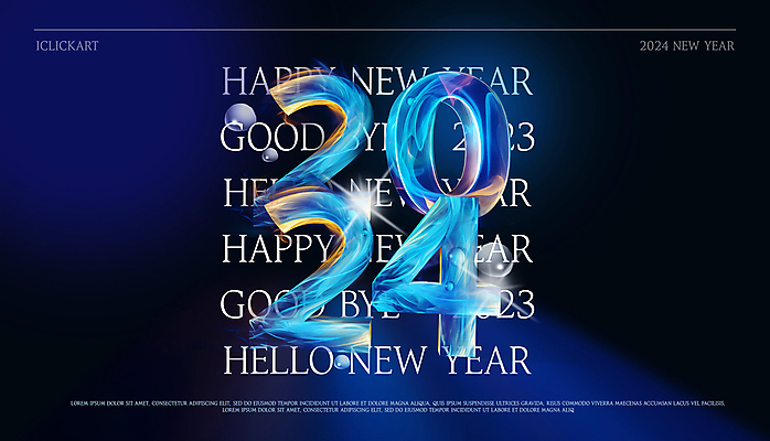 PSD 편집이미지 배너 새해 타이포그라피 사람없음 파란색 숫자 유행 3D 입체 해피뉴이어 입체문자 홀로그램 2024년 키치 갑진년 이미지편집 편집3D 문자 컬러 컨셉 새해인사 연도 디지털합성 파일형식
