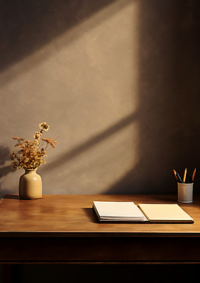 JPG 편집 편집이미지 사람없음 햇빛 갈색 꽃병 공책 서재 작가 책상 연필꽂이 편집실사 AI포토 AI콘텐츠 직업 꽃 컬러 가구 문구용품 태양 CG 파일형식