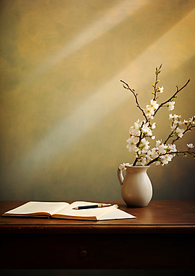 JPG 편집 편집이미지 사람없음 햇빛 볼펜 갈색 꽃병 공책 서재 작가 책상 편집실사 AI포토 AI콘텐츠 직업 꽃 컬러 가구 문구용품 태양 펜 CG 파일형식