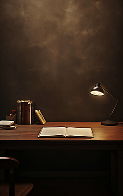 JPG 편집 편집이미지 사람없음 책 갈색 공책 스탠드 서재 작가 책상 편집실사 AI포토 AI콘텐츠 직업 컬러 가구 문구용품 조명 CG 파일형식