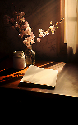 JPG 편집 편집이미지 창문 사람없음 햇빛 갈색 꽃병 공책 커튼 서재 작가 책상 편집실사 AI포토 AI콘텐츠 직업 꽃 컬러 가구 문구용품 태양 CG 파일형식