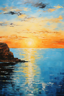 JPG 바다 백그라운드 일러스트 자연 하늘 풍경 사람없음 고요 일몰 절벽 그림 질감 유화 풍경화 윤슬 국내일러스트 AI일러스트 AI콘텐츠 물결 미술 노을 생태계 파일형식