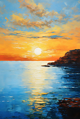 JPG 바다 백그라운드 일러스트 자연 하늘 풍경 사람없음 태양 고요 일몰 절벽 그림 질감 유화 풍경화 윤슬 국내일러스트 AI일러스트 AI콘텐츠 자연요소 물결 미술 노을 생태계 파일형식