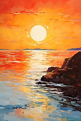 JPG 바다 백그라운드 일러스트 자연 하늘 풍경 사람없음 태양 고요 일몰 절벽 그림 질감 유화 풍경화 윤슬 국내일러스트 AI일러스트 AI콘텐츠 자연요소 물결 미술 노을 생태계 파일형식