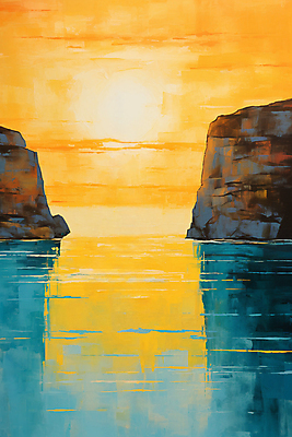 JPG 바다 백그라운드 일러스트 자연 하늘 풍경 사람없음 태양 고요 일몰 절벽 그림 질감 유화 풍경화 국내일러스트 AI일러스트 AI콘텐츠 자연요소 미술 노을 생태계 파일형식