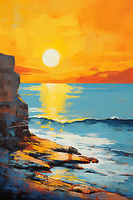 JPG 바다 백그라운드 일러스트 자연 하늘 풍경 사람없음 태양 고요 일몰 절벽 그림 질감 유화 풍경화 윤슬 국내일러스트 AI일러스트 AI콘텐츠 자연요소 물결 미술 노을 생태계 파일형식