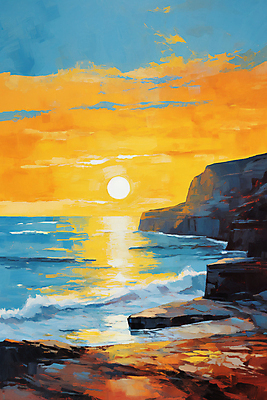 JPG 바다 백그라운드 일러스트 자연 하늘 풍경 사람없음 태양 고요 일몰 절벽 그림 질감 유화 풍경화 윤슬 국내일러스트 AI일러스트 AI콘텐츠 자연요소 물결 미술 노을 생태계 파일형식