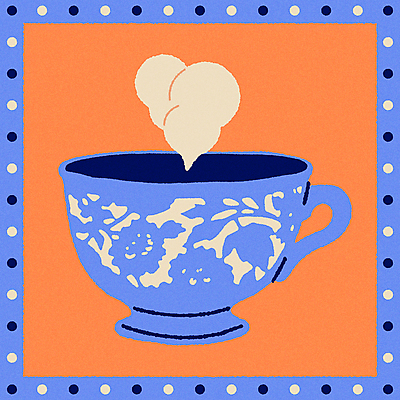 하늘색 일러스트 티타임 사람없음 컵 주황색 빈티지 연기 낙서 찻잔 미니멀 키치 국내일러스트 AI파일 식기 컬러 컨셉 휴식 잔 파란색 파일형식 벡터