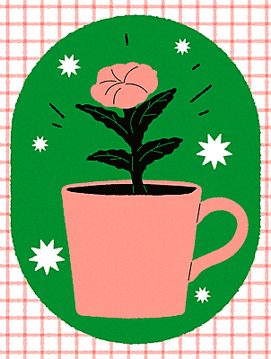 꽃 분홍색 일러스트 티타임 사람없음 컵 초록색 빈티지 낙서 찻잔 체크무늬 미니멀 키치 국내일러스트 AI파일 식물 식기 컬러 컨셉 무늬 휴식 잔 파일형식 벡터