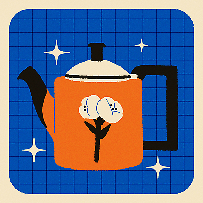 꽃 일러스트 티타임 사람없음 파란색 주황색 빈티지 낙서 찻주전자 미니멀 키치 국내일러스트 AI파일 식물 컬러 컨셉 주전자 휴식 파일형식 벡터