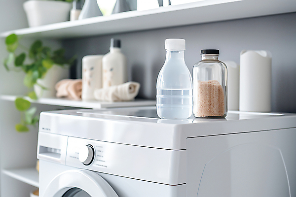 JPG 식물 편집이미지 화분 가사 유리병 선반 실내 사람없음 인테리어 깨끗함 공간 빨래 세제 디지털합성 세탁기 드럼세탁기 세탁실 편집실사 AI포토 AI콘텐츠 디자인 가구 컨셉 병_용기 내부 가전제품 CG 파일형식