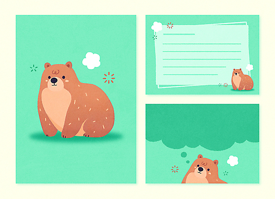 PSD 동물 꽃 동물캐릭터 말풍선 생각 일러스트 곰 사람없음 초록색 세트 귀여움 편지지 엽서 팬시 아기자기 국내일러스트 일러캐릭터 카드프레임 식물 캐릭터 컬러 컨셉 포유류 프레임 편지 파일형식