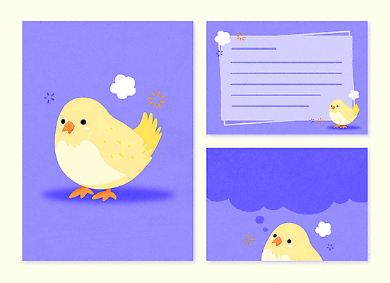 PSD 동물 꽃 동물캐릭터 말풍선 생각 일러스트 병아리 사람없음 세트 귀여움 보라색 편지지 엽서 팬시 아기자기 국내일러스트 일러캐릭터 카드프레임 식물 캐릭터 컬러 컨셉 조류 프레임 편지 파일형식
