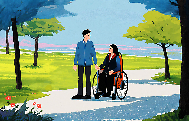 전신 PSD 나무 공원 여자 남자 꽃 행복 일러스트 함께함 성인 두명 친구 마주보기 손잡기 장애인 복지 휠체어 장애인의날 지원 성인만 국내일러스트 식물 공공시설 감정 컨셉 관계 모션 사람 사회이슈 장애 파일형식 법정기념일