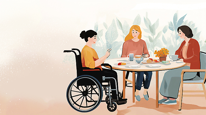 전신 PSD 여자 행복 의자 일러스트 탁자 티타임 함께함 대화 앉기 성인 세명 친구 모임 장애인 복지 휠체어 장애인의날 지원 성인여자만 국내일러스트 감정 가구 컨셉 관계 모션 휴식 말하기 사람 사회이슈 장애 여자만 성인만 파일형식 법정기념일
