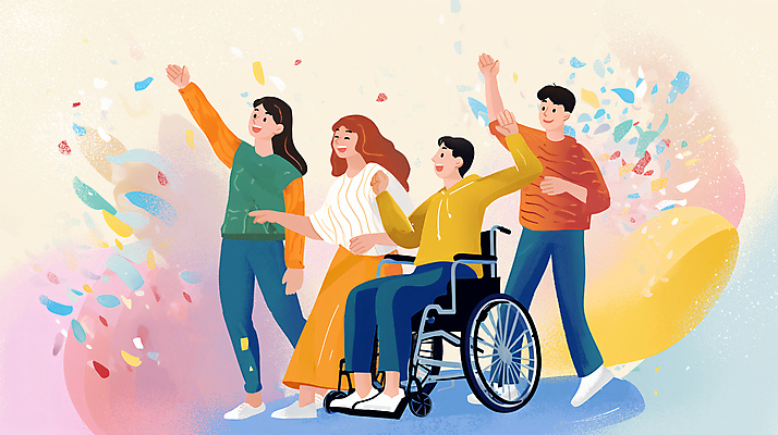 전신 PSD 여자 남자 행복 일러스트 응원 함께함 여러명 성인 친구 손들기 축제 만세 장애인 복지 휠체어 꽃가루 장애인의날 지원 성인만 국내일러스트 감정 다수 컨셉 관계 모션 사람 가루 사회이슈 장애 파일형식 법정기념일