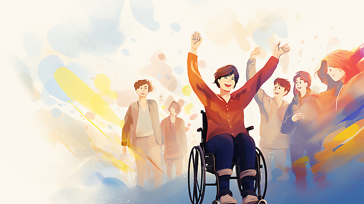 PSD 여자 남자 행복 일러스트 응원 함께함 여러명 성인 친구 손들기 만세 군중 장애인 복지 휠체어 번짐 꽃가루 장애인의날 지원 성인만 국내일러스트 감정 다수 컨셉 관계 모션 사람 가루 사회이슈 장애 파일형식 법정기념일 효과