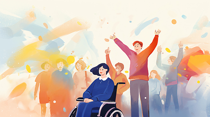 PSD 여자 남자 행복 일러스트 응원 함께함 여러명 성인 친구 손들기 만세 군중 장애인 복지 휠체어 번짐 꽃가루 장애인의날 지원 성인만 국내일러스트 감정 다수 컨셉 관계 모션 사람 가루 사회이슈 장애 파일형식 법정기념일 효과