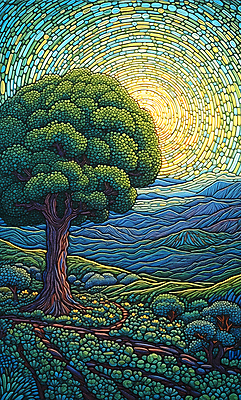 JPG 나무 백그라운드 일러스트 산 풍경 초원 사람없음 태양 분위기 점묘화 국내일러스트 AI일러스트 AI콘텐츠 자연요소 식물 컨셉 미술 파일형식