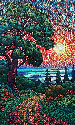 JPG 나무 꽃 길 바다 백그라운드 일러스트 산 풍경 초원 사람없음 태양 분위기 점묘화 국내일러스트 AI일러스트 AI콘텐츠 자연요소 식물 컨셉 미술 파일형식