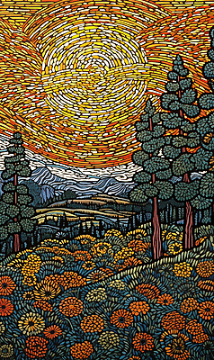 JPG 나무 꽃 백그라운드 일러스트 산 풍경 초원 사람없음 태양 분위기 점묘화 국내일러스트 AI일러스트 AI콘텐츠 자연요소 식물 컨셉 미술 파일형식