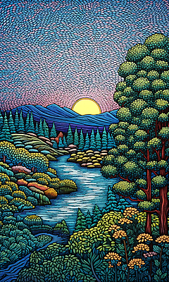 JPG 나무 꽃 백그라운드 일러스트 산 풍경 초원 사람없음 강 태양 분위기 점묘화 국내일러스트 AI일러스트 AI콘텐츠 자연요소 식물 컨셉 미술 파일형식