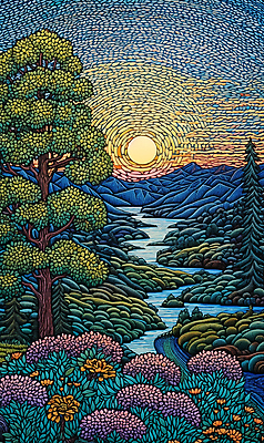 JPG 나무 꽃 백그라운드 일러스트 산 풍경 초원 사람없음 강 태양 분위기 점묘화 국내일러스트 AI일러스트 AI콘텐츠 자연요소 식물 컨셉 미술 파일형식