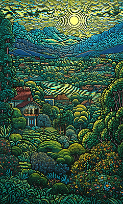 JPG 나무 꽃 백그라운드 일러스트 산 주택 풍경 초원 사람없음 태양 분위기 점묘화 국내일러스트 AI일러스트 AI콘텐츠 자연요소 식물 컨셉 미술 건물 파일형식