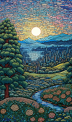 JPG 나무 꽃 백그라운드 일러스트 산 풍경 초원 사람없음 강 태양 분위기 점묘화 국내일러스트 AI일러스트 AI콘텐츠 자연요소 식물 컨셉 미술 파일형식