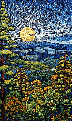 JPG 나무 꽃 백그라운드 일러스트 산 풍경 초원 사람없음 태양 분위기 점묘화 국내일러스트 AI일러스트 AI콘텐츠 자연요소 식물 컨셉 미술 파일형식