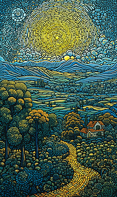 JPG 나무 꽃 길 백그라운드 일러스트 산 주택 풍경 초원 사람없음 태양 분위기 점묘화 국내일러스트 AI일러스트 AI콘텐츠 자연요소 식물 컨셉 미술 건물 파일형식