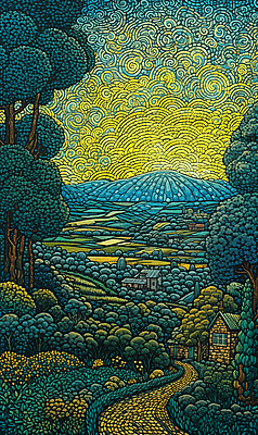 JPG 나무 꽃 길 백그라운드 일러스트 산 주택 풍경 초원 사람없음 태양 분위기 점묘화 국내일러스트 AI일러스트 AI콘텐츠 자연요소 식물 컨셉 미술 건물 파일형식