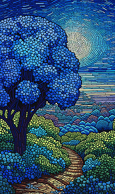 JPG 나무 꽃 길 백그라운드 일러스트 산 풍경 초원 사람없음 태양 분위기 점묘화 국내일러스트 AI일러스트 AI콘텐츠 자연요소 식물 컨셉 미술 파일형식