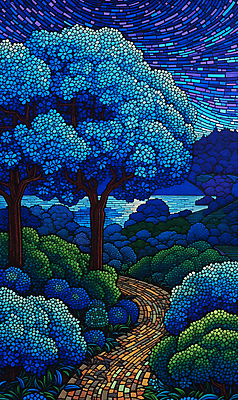 JPG 나무 꽃 길 바다 백그라운드 일러스트 산 풍경 초원 사람없음 분위기 점묘화 국내일러스트 AI일러스트 AI콘텐츠 식물 컨셉 미술 파일형식