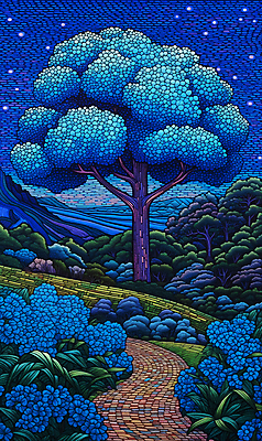 JPG 나무 꽃 길 백그라운드 일러스트 산 풍경 초원 사람없음 분위기 점묘화 국내일러스트 AI일러스트 AI콘텐츠 식물 컨셉 미술 파일형식