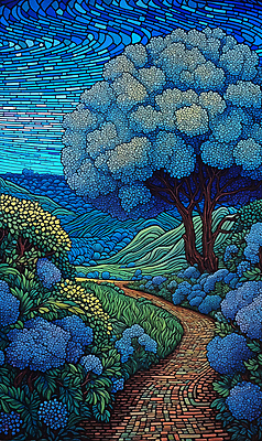 JPG 나무 꽃 길 백그라운드 일러스트 산 풍경 초원 사람없음 분위기 점묘화 국내일러스트 AI일러스트 AI콘텐츠 식물 컨셉 미술 파일형식