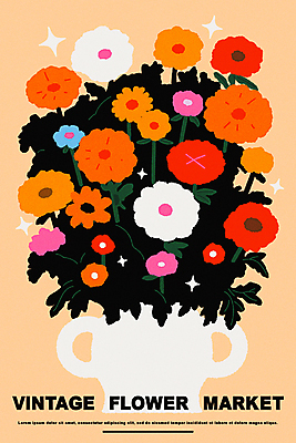 꽃 포스터 화분 일러스트 사람없음 반짝임 컬러풀 꽃병 빈티지 화려 국내일러스트 AI파일 식물 컬러 컨셉 모션 파일형식 벡터