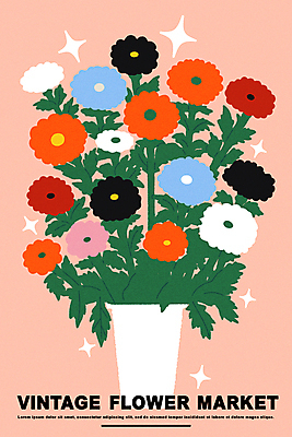꽃 포스터 화분 일러스트 사람없음 반짝임 컬러풀 꽃병 빈티지 화려 국내일러스트 AI파일 식물 컬러 컨셉 모션 파일형식 벡터