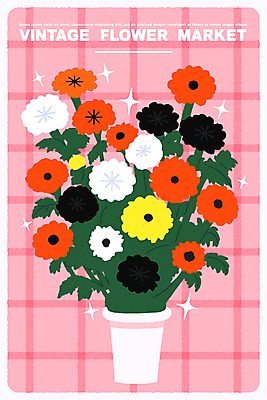꽃 포스터 화분 일러스트 사람없음 반짝임 컬러풀 꽃병 빈티지 화려 체크무늬 국내일러스트 AI파일 식물 컬러 컨셉 무늬 모션 파일형식 벡터