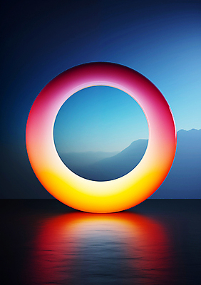 JPG 편집이미지 사람없음 빛 컬러풀 조형물 원형 고리 디지털합성 산등성이 네온 그라데이션 편집소스 이미지편집 편집실사 AI컴퓨터그래픽 AI콘텐츠 도형 컬러 산 미술 CG 파일형식