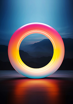 JPG 편집이미지 사람없음 빛 컬러풀 조형물 원형 고리 디지털합성 산등성이 네온 그라데이션 편집소스 이미지편집 편집실사 AI컴퓨터그래픽 AI콘텐츠 도형 컬러 산 미술 CG 파일형식