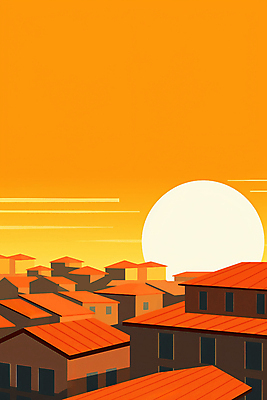 JPG 백그라운드 일러스트 하늘 주택 풍경 사람없음 건물 태양 노을 주황색 분위기 국내일러스트 AI일러스트 AI콘텐츠 자연요소 건축물 컬러 컨셉 파일형식