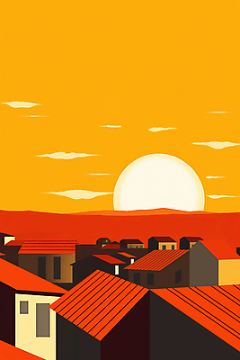 JPG 백그라운드 일러스트 하늘 주택 풍경 사람없음 건물 태양 노을 주황색 분위기 국내일러스트 AI일러스트 AI콘텐츠 자연요소 건축물 컬러 컨셉 파일형식